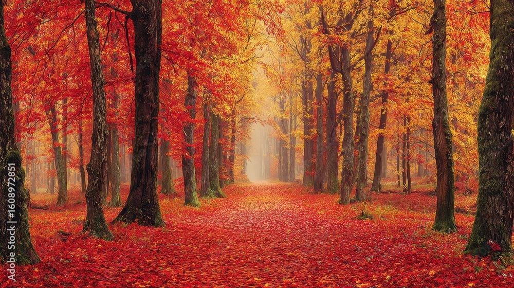 Fototapeta premium Red Autumn Forest Path Landscape Photography
