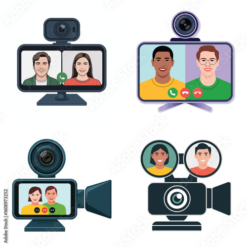 Four Colorful Illustrations Depicting Diverse People in Video Conferences Using Different Devices a Desktop Webcam a Tablet Webcam a Camcorder