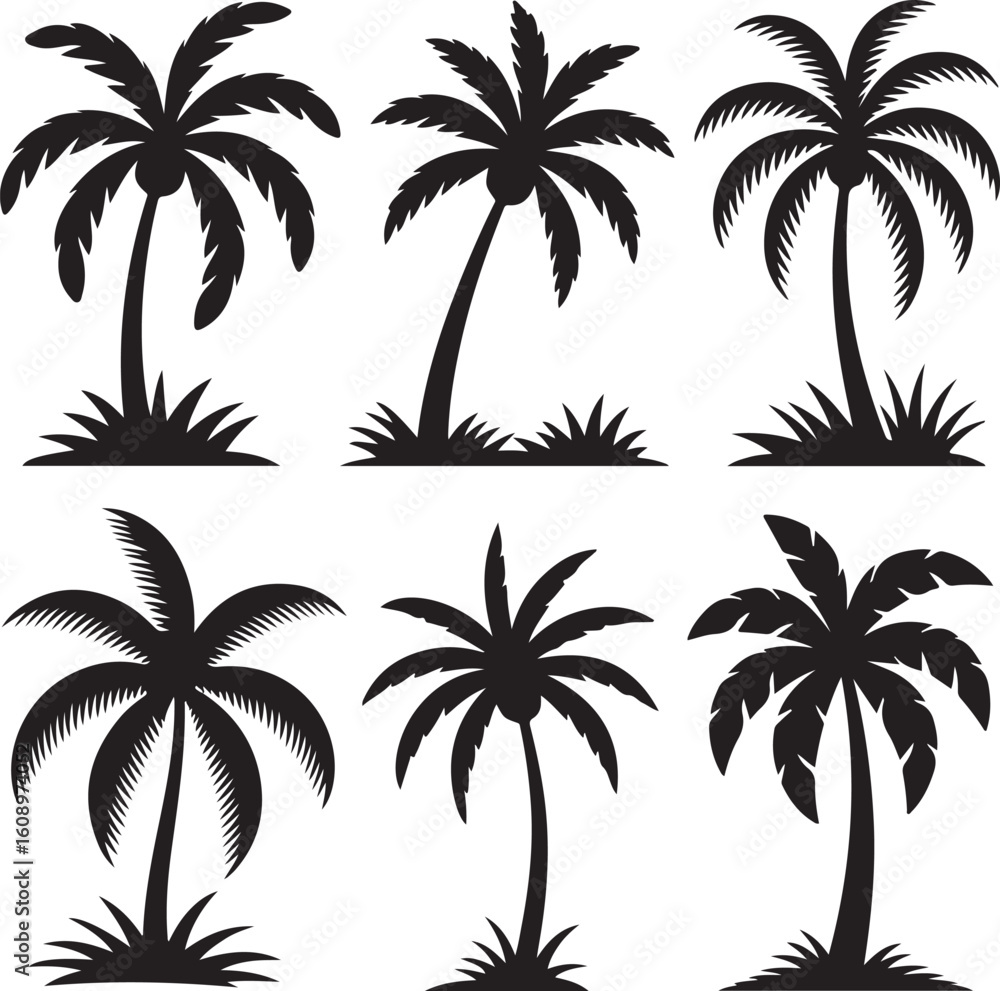 Fototapeta premium Silhouette Set of Palm Trees and Tropical Grass – Exotic Vector Plants Isolated on WhiteSilhouette Set of Palm Trees and Tropical Grass – Exotic Vector Plants Isolated on White