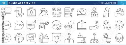 A set of line icons related to Customer Service and Support. Service, call, mail, feedback, ask, chatbot, written, FAQ, like, reception, and so on. Vector editable stroke.