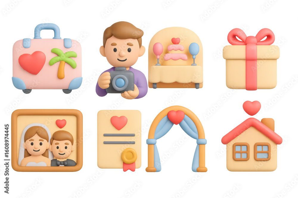 Fototapeta premium 3d wedding icons set: cake, gifts, travel, photography, home, certificate