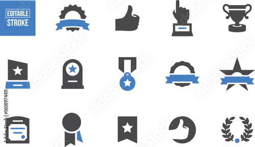 Award and Achievement Icon Set – Badge, Medal, Trophy, Star, Ribbon, Winner, Competition, Certificate, Crown, Ranking, Prize, Achievement, Award Icon, Champion, Success, Reward, Icon, Goal, Leader, Re