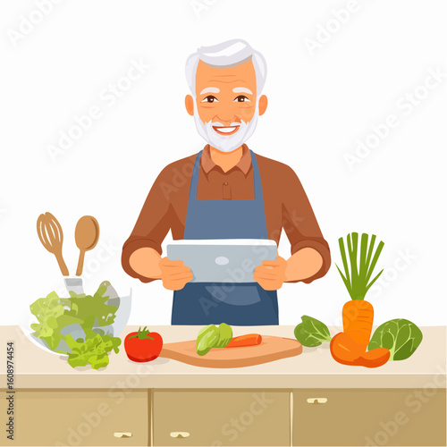 Happy senior man with a tablet learning to cook a healthy meal with fresh vegetables in the kitchen