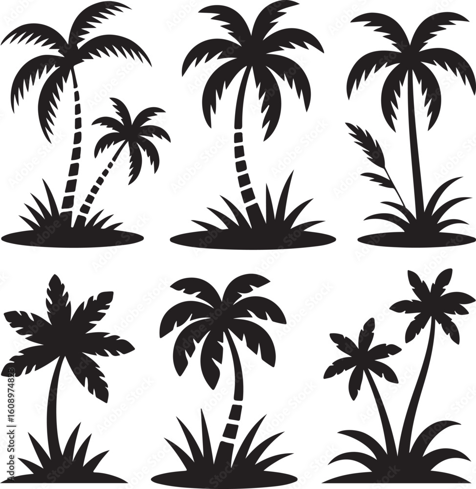 Fototapeta premium Island Landscape Silhouettes – Palm Trees, Coastal Plants, Grass and Tropical ElementsIsland Landscape Silhouettes – Palm Trees, Coastal Plants, Grass and Tropical Elements