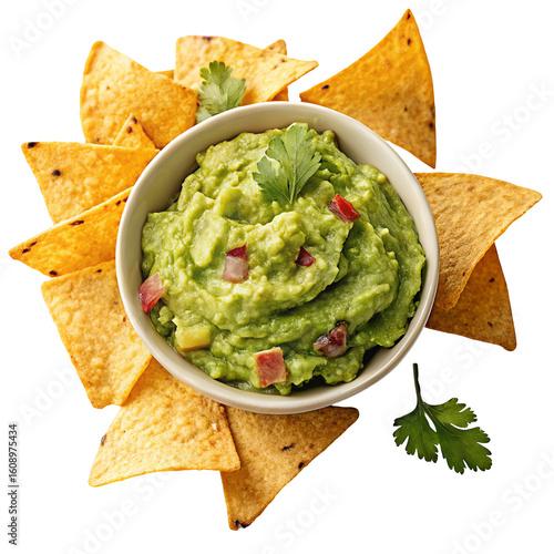 Delicious guacamole with tortilla chips and garnish ready to eat as a tasty and healthy appetizer