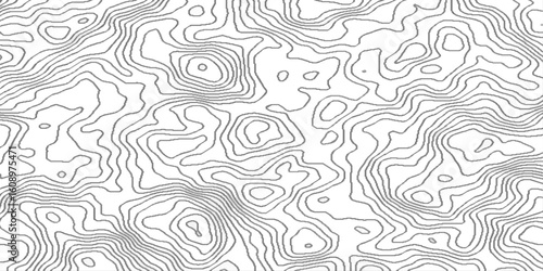 Abstract black and white wavy topography map background,  terrain map contours illustration relief, black and white lines seamless topographic map patterns, contour map Topo contour map design.
