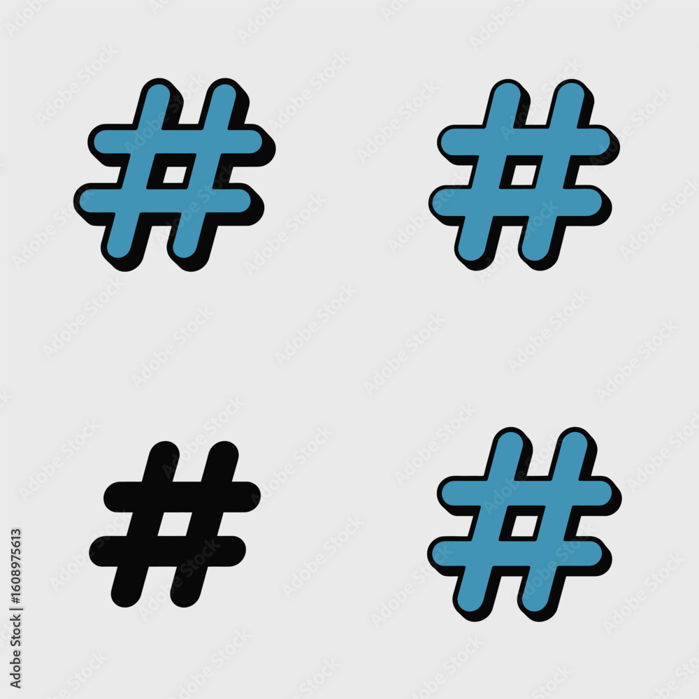 Obraz premium Four Hashtag Symbols in Teal Blue Black and Light Blue on Gray Backgrounds Digital Icons Set