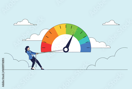 Businesswoman pulling gauge needle to boost performance measurement, colorful meter with progress scale, effort, success, motivation, teamwork concept illustration