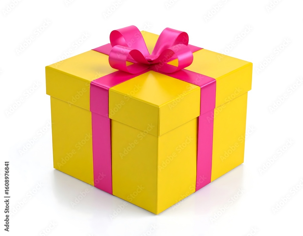 Obraz premium Vibrant yellow gift box adorned with a charming pink ribbon and bow festive presentation