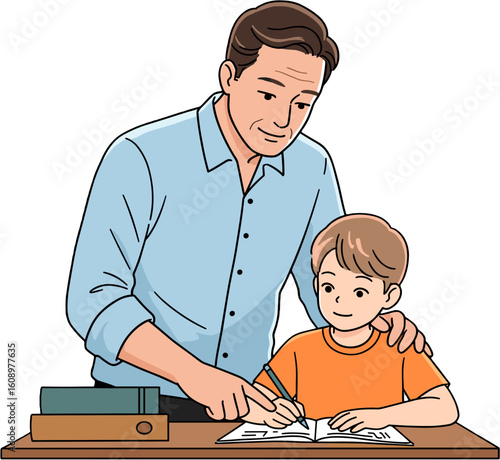 A father guides his son in completing his homework.