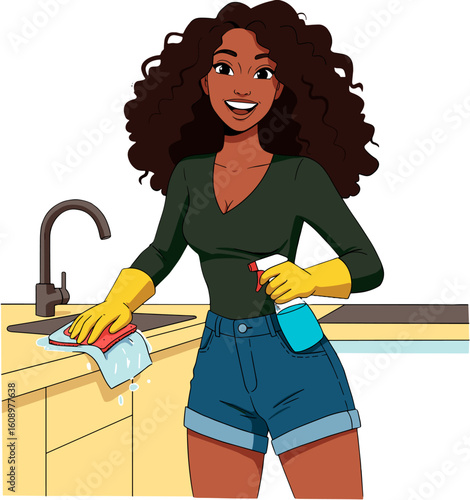 A cheerful young woman cleaning in the kitchen.