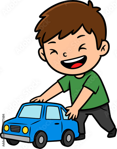 A delighted child playing with a toy car.