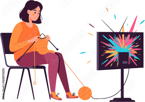 A woman engaged in knitting while watching a vivid TV screen.