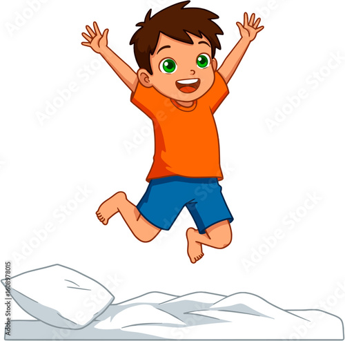 A cheerful child joyfully jumping on a bed.