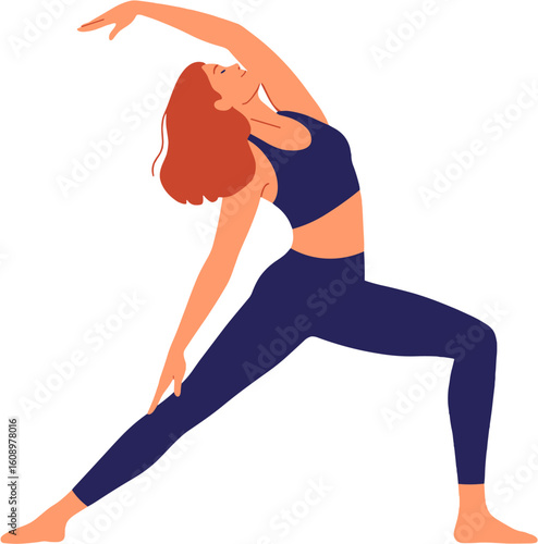 A woman gracefully strikes a yoga pose.