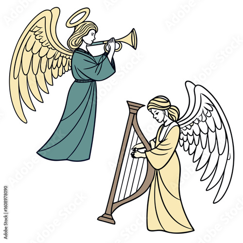 Angel playing trumpet and harp with wings and halos music