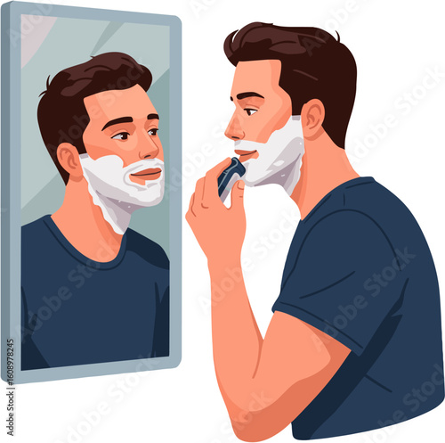 Man shaving his face while looking in the mirror.