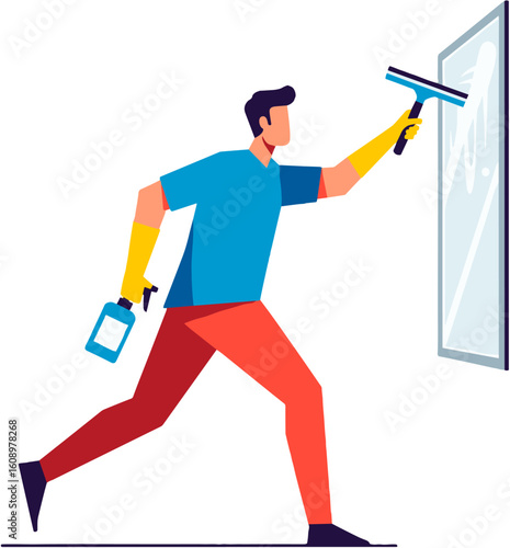 A person cleaning a window with tools.
