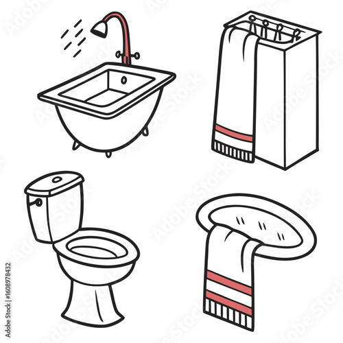 Bathroom essentials toilet sink shower towel rack bathtub