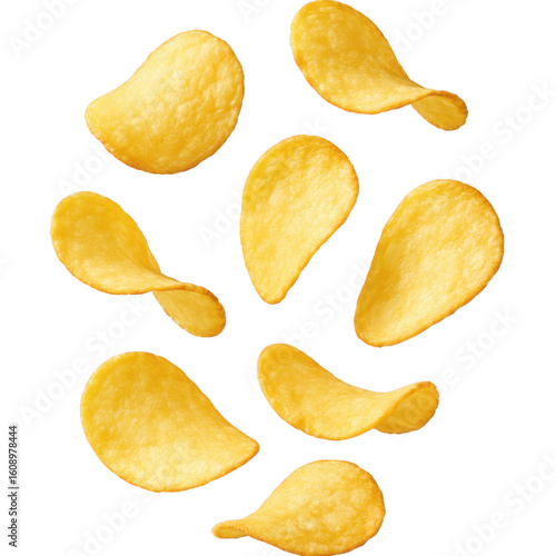 Scattered potato chips on a black background isolated transparent background