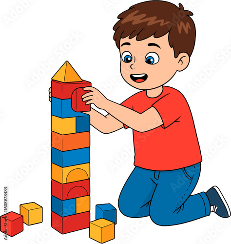 A boy is engrossed in building a tower with colorful blocks.