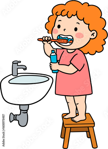 A cheerful illustration of a girl brushing her teeth.