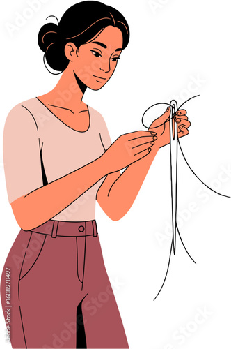 A woman intently threading a needle, focused on the details.
