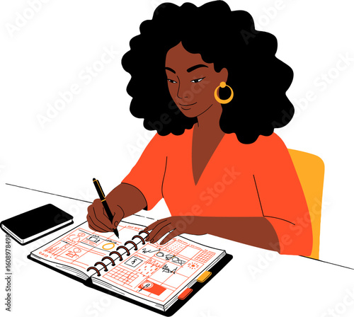 A woman making notes while writing in a planner.