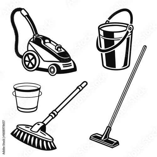 Black and white cleaning tools including vacuum mop and buckets vacuum cleaner broom