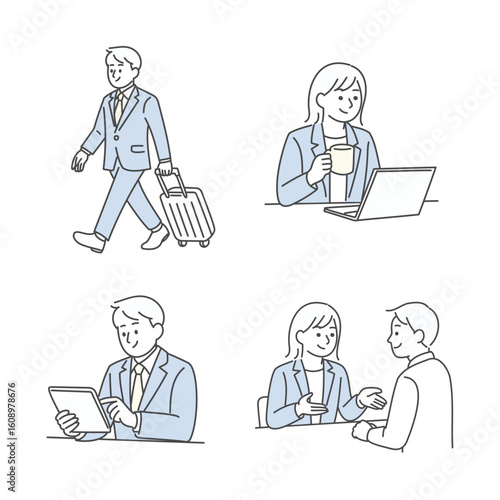 ビジネスシーンでの移動・会話・作業のイラストセット