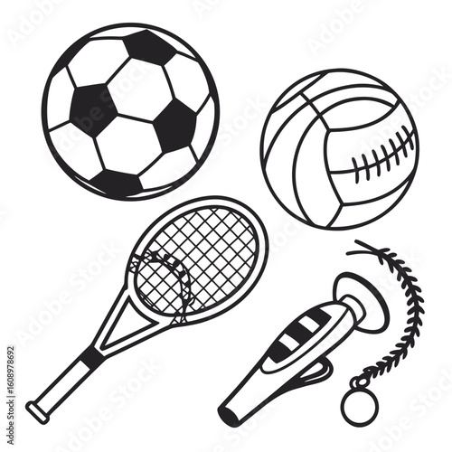 Black and white sports equipment icons soccer ball tennis racket whistle game
