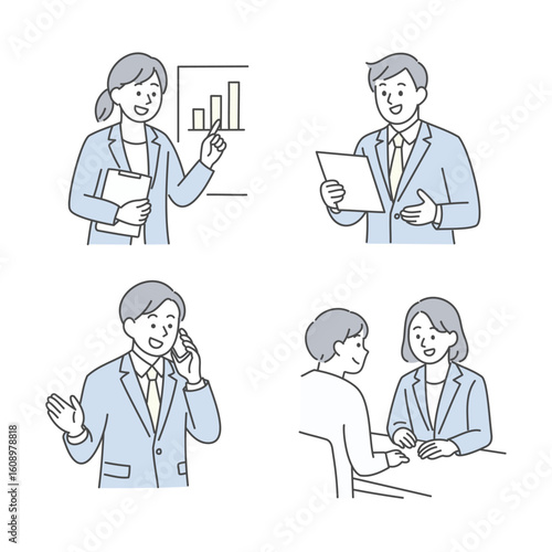 ビジネスパーソンのプレゼン・商談・電話対応のイラストセット