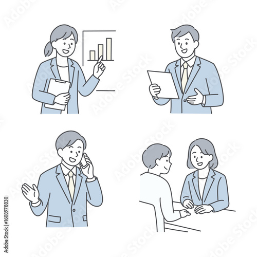 ビジネスパーソンのプレゼン・商談・電話対応のイラストセット