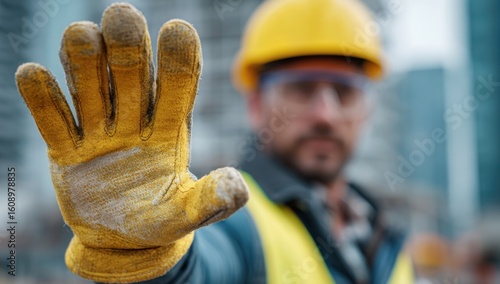 Construction worker wearing safety gear signals a stop gesture with a gloved hand, emphasizing caution and safety regulations on the job site.