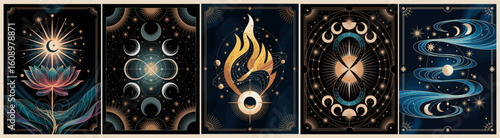 A series of Tarot black and gold cards with a crescent moon, stars and mystical elements on them. Vector illustration