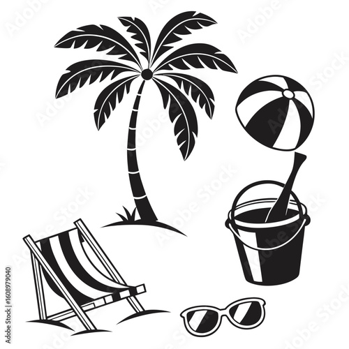 Black summer beach icons palm tree beach chair ball bucket sunglasses beach ball