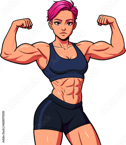 A strong woman in workout clothes flexing her muscles.