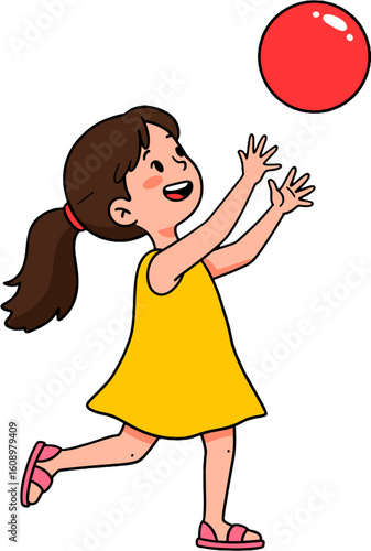 A joyful little girl playing with a vibrant red ball, filled with pure glee and anticipation.