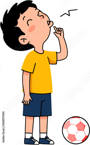 A boy blowing a whistle near a ball.