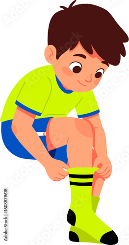 A young boy puts on his socks, demonstrating routine morning wear.