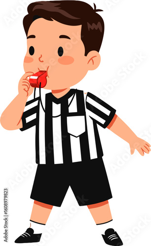 A cartoon referee with a whistle ready to make a call.