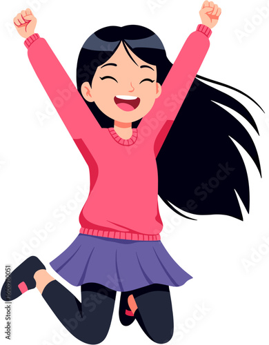 A joyful young girl celebrates by jumping with both arms raised.