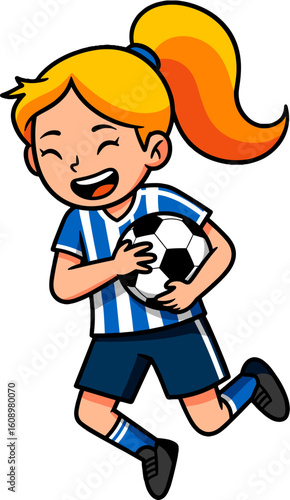 Happy girl soccer player holding a soccer ball.