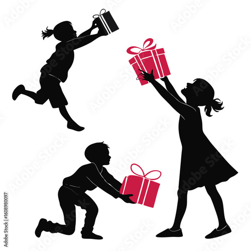 Children exchanging gifts silhouettes presents giving