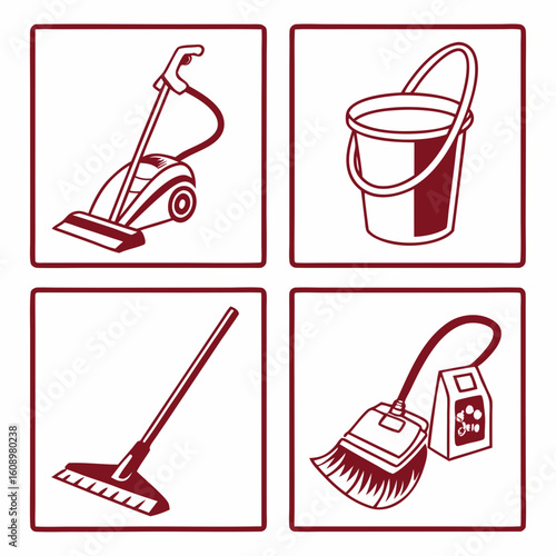 Cleaning tools icons vacuum broom mop bucket vector