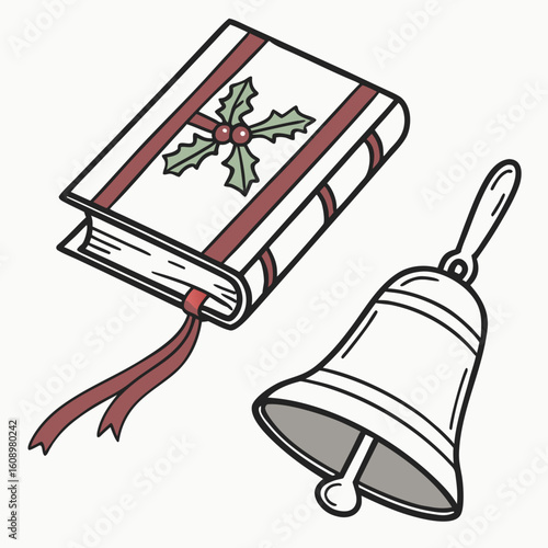 Christmas hymn book with holly and bell holiday