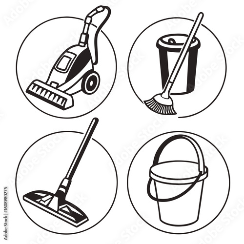 Cleaning tools vacuum broom mop bucket icons vacuum cleaner