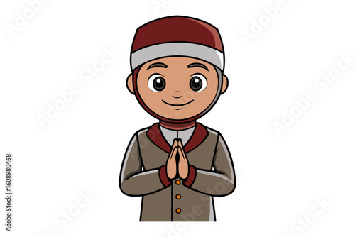 A cheerful cartoon boy wearing a traditional islamic kufi hat and formal attire offers a welcoming gesture of namaste