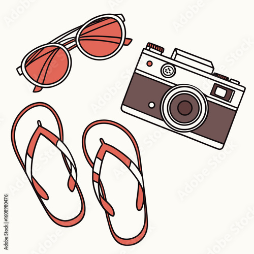Coral sunglasses vintage camera flip flops summer travel