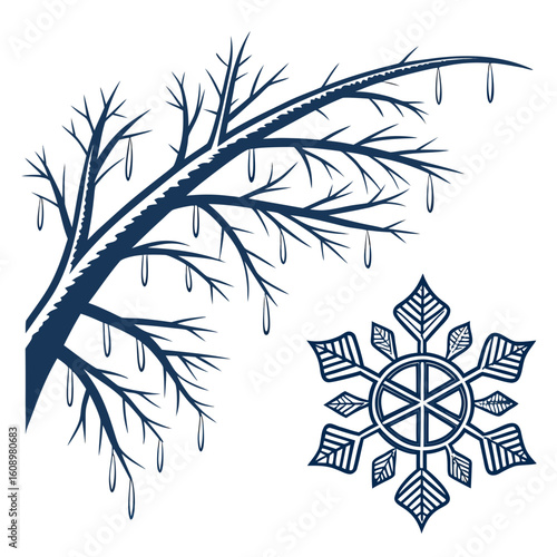 Dark blue bare branches with ice drops and snowflake design winter nature